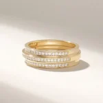 14k Solid Gold Triple Band Pave Natural Diamond Ring: Thick Half Eternity Wedding Band - 图片 6