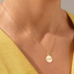 14k 纯金密镶天然钻石圆盘项链 - 简约圆形几何吊坠