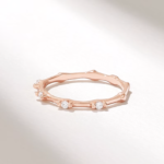 Natural Diamond Bamboo Ring: 14k Solid Gold Stacking Ring for Women, Pave Bone Design - Image 4