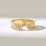 14k Gold Natural Diamond Open Wedding Band: Textured Anniversary Cuff Ring, 5MM Wide - Image 2