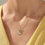 Natural Diamond Crescent Moon Necklace | 14k Solid Gold Disc Necklace for Women
