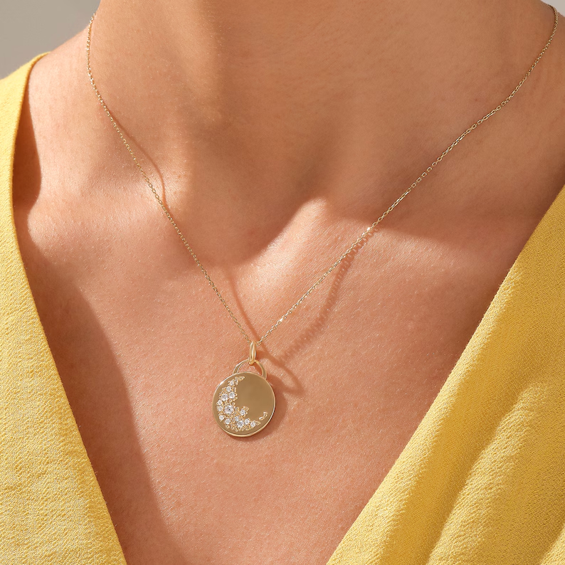 ed1c22_b13e12daecee4cc48fbb5e993713cc37mv2.png Natural Diamond Crescent Moon Necklace | 14k Solid Gold Disc Necklace for Women - Image 1
