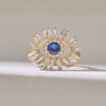 18K Solid Gold Sapphire Diamond Evil Eye Ring - 图片 2
