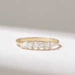 14k Gold Elegant Natural Diamond Marquise Wedding Ring, Slanted 6 Stone Stackable Band - Image 2
