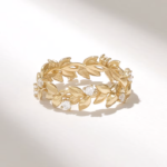 Natural Diamond Pave Leaf Ring | Solid Gold Vine Eternity Wedding Band | Dainty Ring - 图片 4