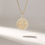 18k Solid Gold Moon & Stars Circle Charm Necklace- Pave Natural Diamond Coin Pendant - 图片 2