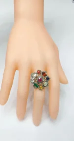 14K Solid Gold Nine Precious Gems Fashion Ring in Art Deco Style - 图片 4