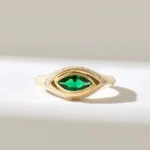 14K Solid Gold Emerald Evil Eye Ring - 图片 2
