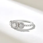 Three Stone Halo Natural Diamond Engagement Ring |  18K Solid Gold Bridal Ring - Image 5