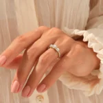 Three Stone Halo Natural Diamond Engagement Ring |  18K Solid Gold Bridal Ring