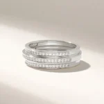 14k Solid Gold Triple Band Pave Natural Diamond Ring: Thick Half Eternity Wedding Band - 图片 5